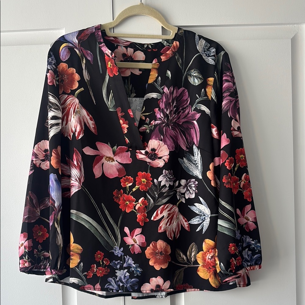 J. Crew Pink and Orange Floral Blouse Relaxed V-Neck